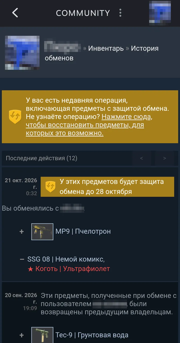 Приложение Steam: история обменов, вверху плашка со ссылкой «Нажмите сюда…», ниже — наш обмен со значком щита и сроком защиты.